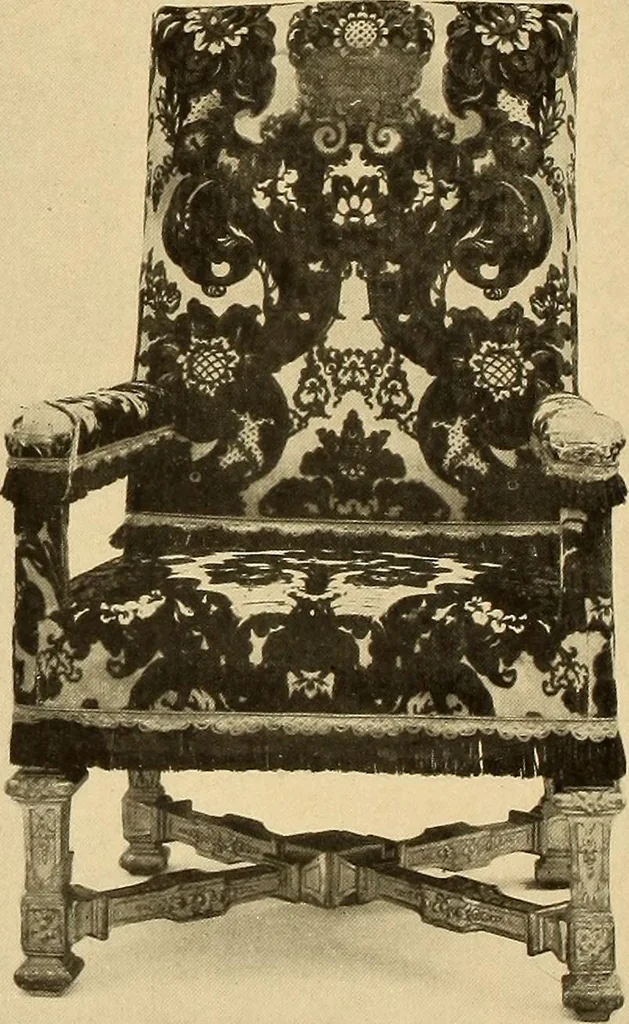 An illustration from Decorative textiles; an illustrated book on coverings for furniture, walls and floors, including damasks, brocades and velvets, tapestries, laces, embroideries, chintzes, cretonnes, drapery and furniture trimmings, wall papers, carpets and rugs, tooled and illuminated leathers, 1918, leaf 79