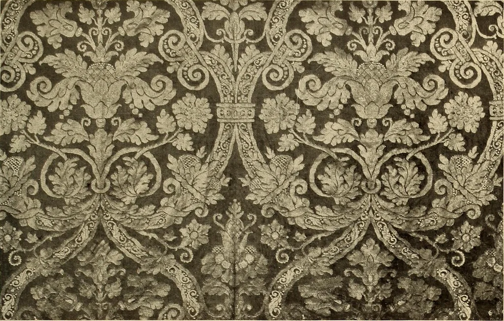 An illustration from Decorative textiles; an illustrated book on coverings for furniture, walls and floors, including damasks, brocades and velvets, tapestries, laces, embroideries, chintzes, cretonnes, drapery and furniture trimmings, wall papers, carpets and rugs, tooled and illuminated leathers, 1918, leaf 92