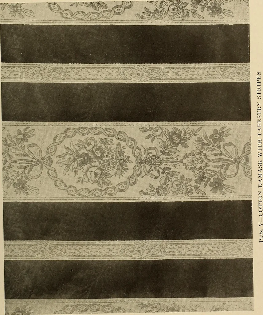 An illustration from Decorative textiles; an illustrated book on coverings for furniture, walls and floors, including damasks, brocades and velvets, tapestries, laces, embroideries, chintzes, cretonnes, drapery and furniture trimmings, wall papers, carpets and rugs, tooled and illuminated leathers, 1918, leaf 94