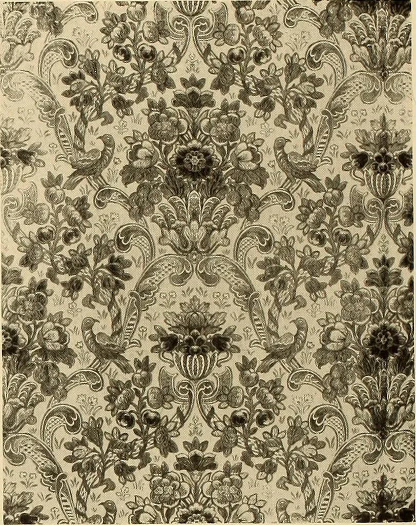An illustration from Decorative textiles; an illustrated book on coverings for furniture, walls and floors, including damasks, brocades and velvets, tapestries, laces, embroideries, chintzes, cretonnes, drapery and furniture trimmings, wall papers, carpets and rugs, tooled and illuminated leathers, 1918, leaf 97