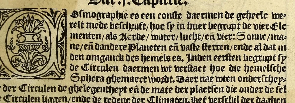 An illustration from De cosmographie va[n] Pe. Apianus. En[n] hoeme[n] de carten der lantscape[n] maect va[n] Ge[m]ma Phrysio bescreue[n], allen co[n]stigen en[n] subty len minsche[n] ter liefde[n] nu ierst in duytsche gesedt, 1537, leaf 15