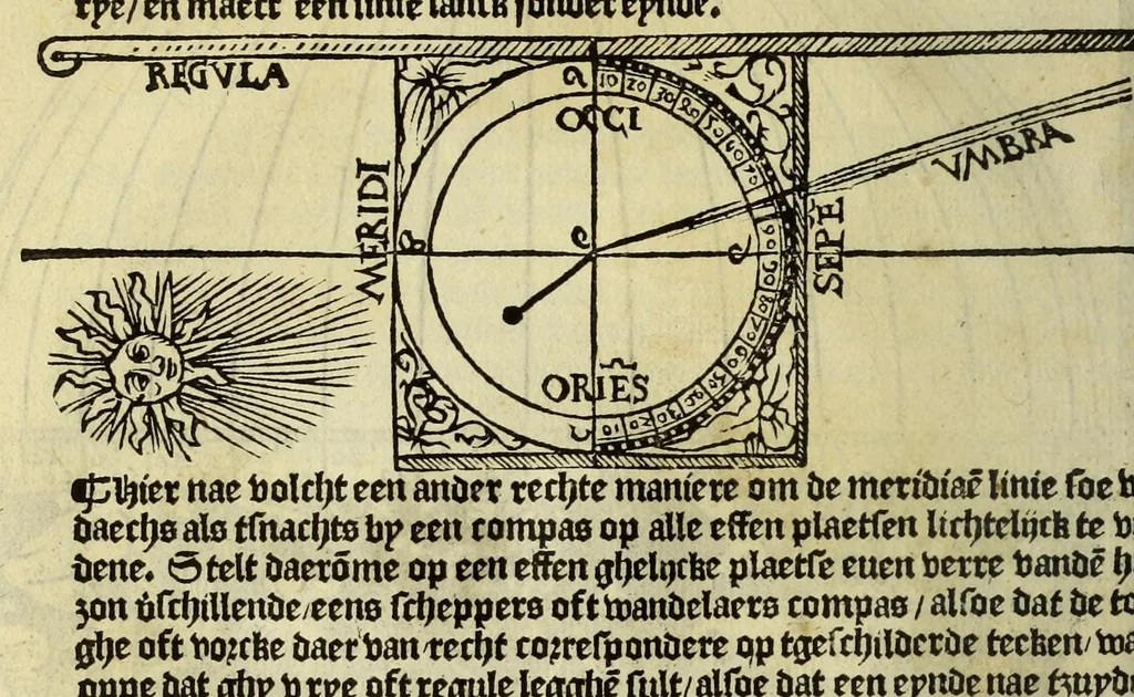 An illustration from De cosmographie va[n] Pe. Apianus. En[n] hoeme[n] de carten der lantscape[n] maect va[n] Ge[m]ma Phrysio bescreue[n], allen co[n]stigen en[n] subty len minsche[n] ter liefde[n] nu ierst in duytsche gesedt, 1537, leaf 60