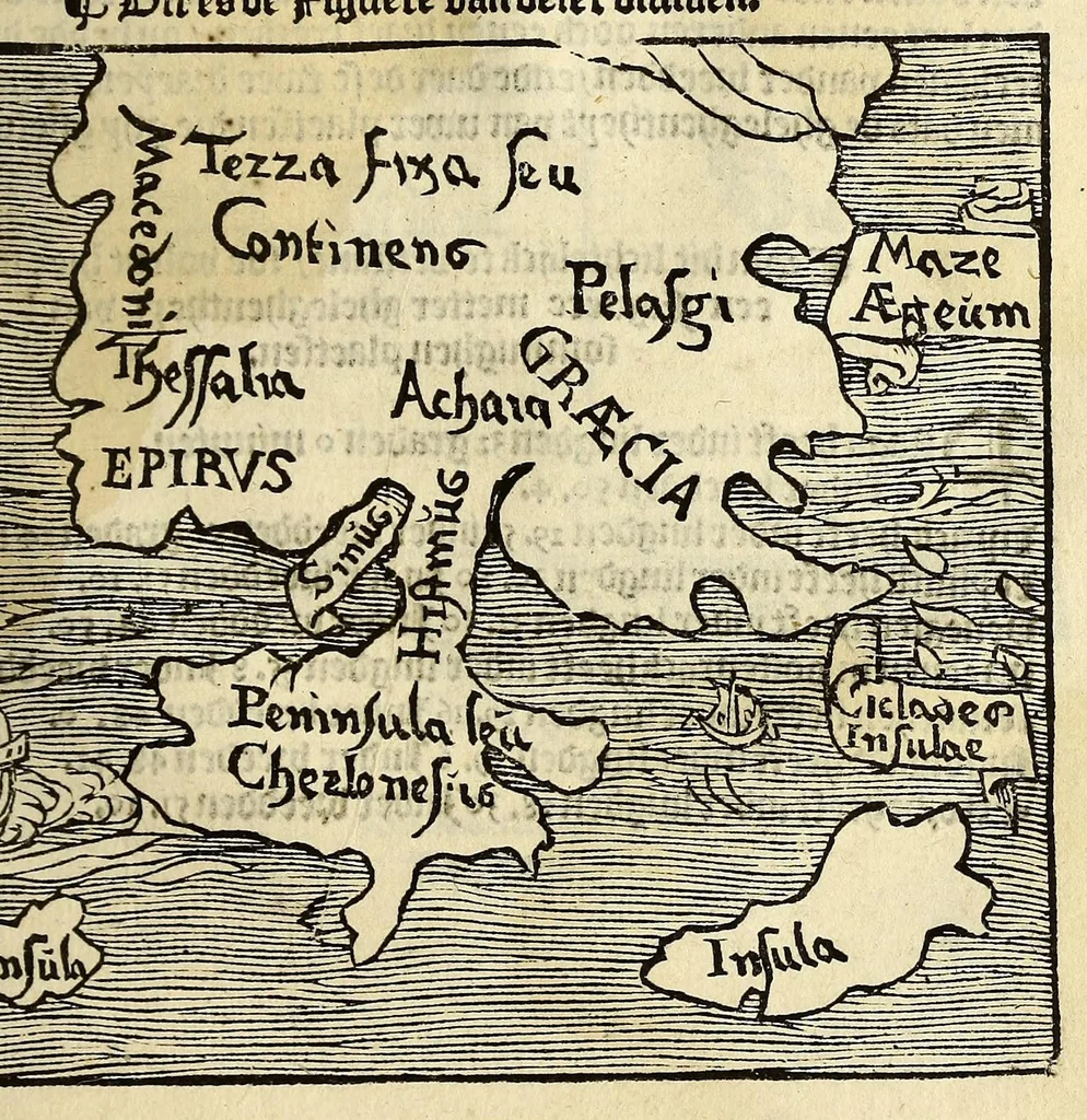 An illustration from De cosmographie va[n] Pe. Apianus. En[n] hoeme[n] de carten der lantscape[n] maect va[n] Ge[m]ma Phrysio bescreue[n], allen co[n]stigen en[n] subty len minsche[n] ter liefde[n] nu ierst in duytsche gesedt, 1537, leaf 65