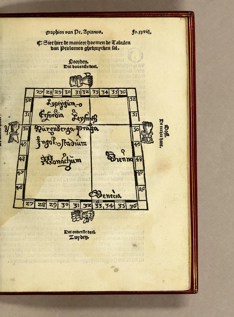 An illustration from De cosmographie va[n] Pe. Apianus. En[n] hoeme[n] de carten der lantscape[n] maect va[n] Ge[m]ma Phrysio bescreue[n], allen co[n]stigen en[n] subty len minsche[n] ter liefde[n] nu ierst in duytsche gesedt, 1537, leaf 67