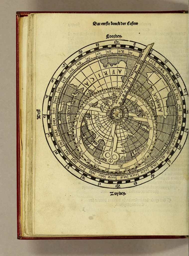 An illustration from De cosmographie va[n] Pe. Apianus. En[n] hoeme[n] de carten der lantscape[n] maect va[n] Ge[m]ma Phrysio bescreue[n], allen co[n]stigen en[n] subty len minsche[n] ter liefde[n] nu ierst in duytsche gesedt, 1537, leaf 70