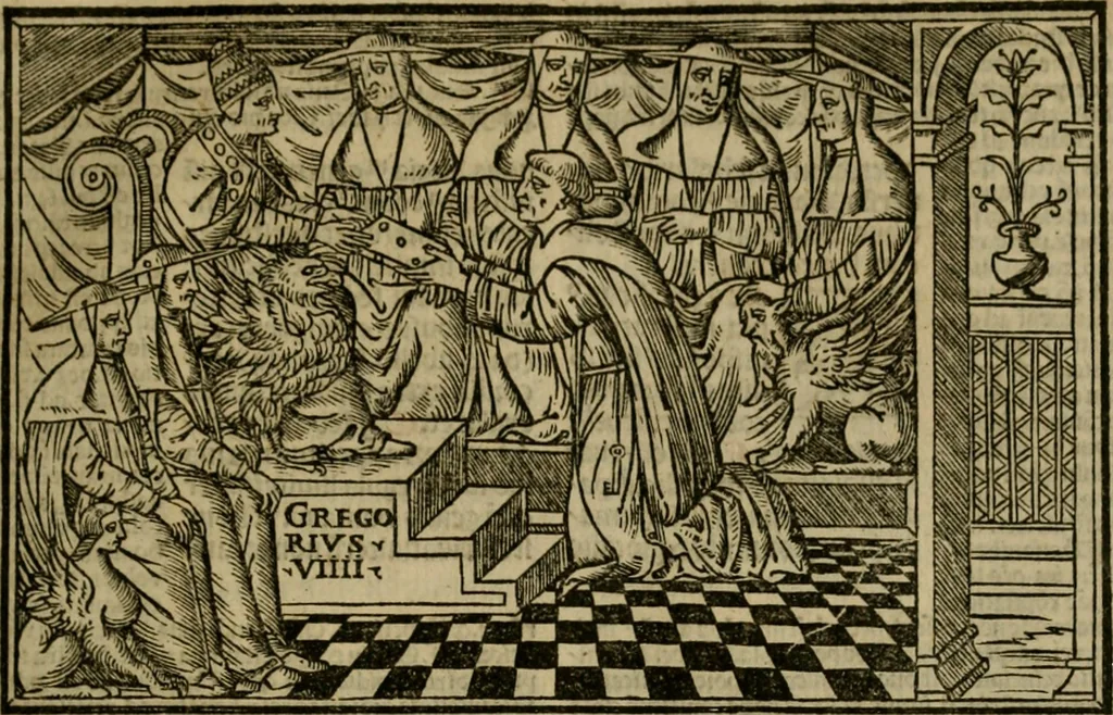 An illustration from Decretales dñi pape Gregorij noni : accurata diligetia nouissime post alias oes ipressiones [atque] pluribus cu exemplarib[us] emedate, aptissimisq[ue] imaginib[us] exculte : cu multiplicibus rep[er]torijs antiq[ui]s [et] de nouo factis ad materias quascuq[ue] inueniedas amplissimis : additis casibus Bernardi qui fruge [et] vtilitatem maximã studentibus exhibebunt, 1528, leaf 12