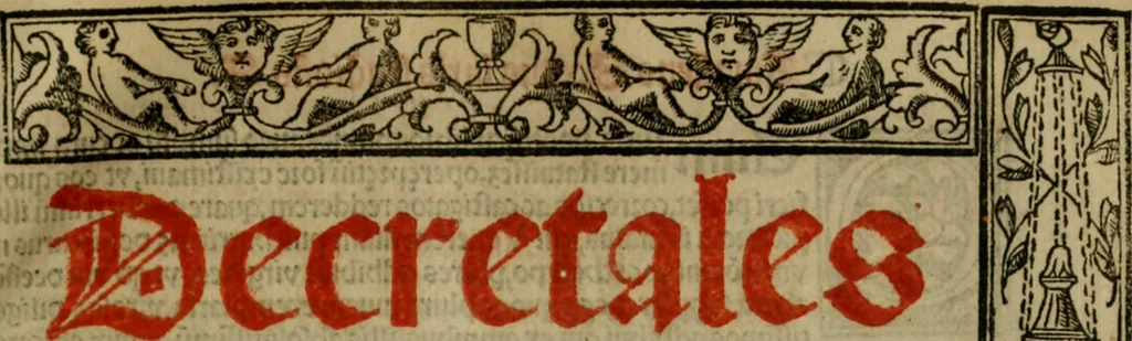 An illustration from Decretales dñi pape Gregorij noni : accurata diligetia nouissime post alias oes ipressiones [atque] pluribus cu exemplarib[us] emedate, aptissimisq[ue] imaginib[us] exculte : cu multiplicibus rep[er]torijs antiq[ui]s [et] de nouo factis ad materias quascuq[ue] inueniedas amplissimis : additis casibus Bernardi qui fruge [et] vtilitatem maximã studentibus exhibebunt, 1528, leaf 4