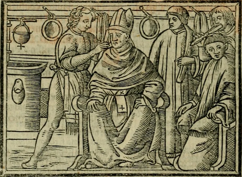 An illustration from Decretales dñi pape Gregorij noni : accurata diligetia nouissime post alias oes ipressiones [atque] pluribus cu exemplarib[us] emedate, aptissimisq[ue] imaginib[us] exculte : cu multiplicibus rep[er]torijs antiq[ui]s [et] de nouo factis ad materias quascuq[ue] inueniedas amplissimis : additis casibus Bernardi qui fruge [et] vtilitatem maximã studentibus exhibebunt, 1528, leaf 625