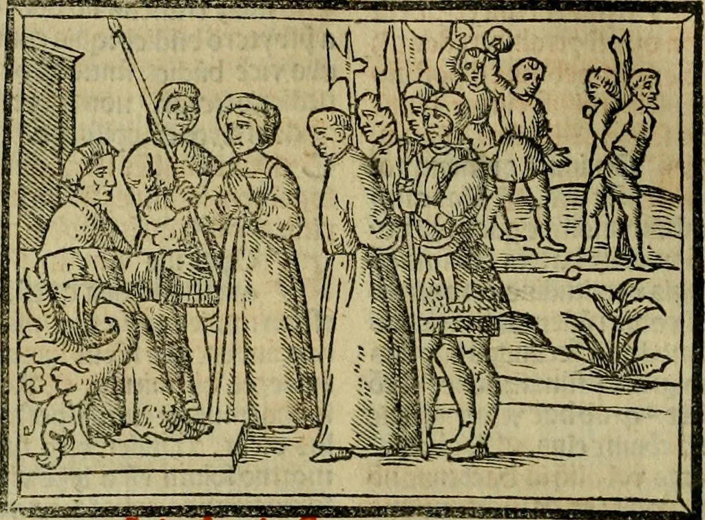 An illustration from Decretales dñi pape Gregorij noni : accurata diligetia nouissime post alias oes ipressiones [atque] pluribus cu exemplarib[us] emedate, aptissimisq[ue] imaginib[us] exculte : cu multiplicibus rep[er]torijs antiq[ui]s [et] de nouo factis ad materias quascuq[ue] inueniedas amplissimis : additis casibus Bernardi qui fruge [et] vtilitatem maximã studentibus exhibebunt, 1528, leaf 977