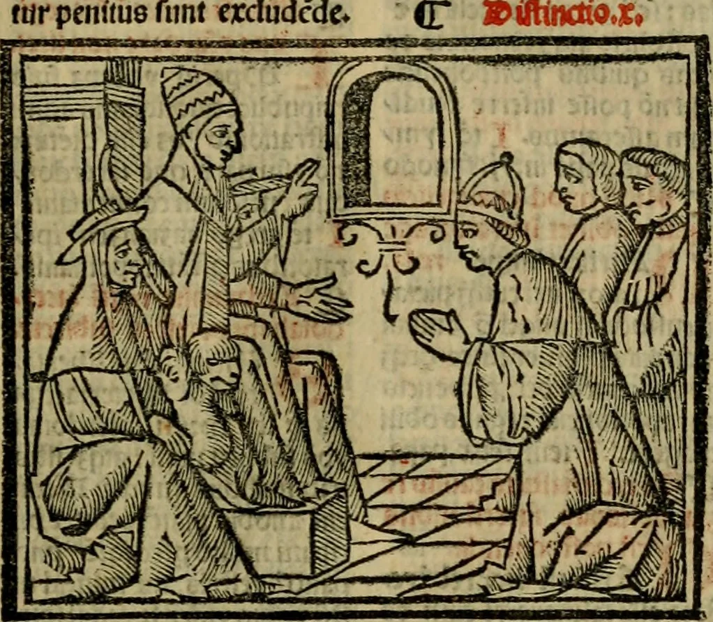 An illustration from Decretu[m] Gratiani : cu glossis dñi Joannis Theutonici prepositi Alberstatensis [et] annotationibus Bartholomei Brixiensis : [cum] diuisionibus Archidiaconi : [cum] Casibus a Bene., cõpositis per Bart. Brixi., correctis [et] pro clariore itellectu pluribus in locis extensis : [cum] concordia ad Bibliam : [cum] tabula marginalium glossularu[m] : [cum tabula] omniu canonu [et] concilio[rum] : [cum] Margarita Decreti : [cum] flosculis totius Decretia domio Joanne diacono compositis : [cum] additione in margine litteraru[m], quo minusculi characteres lineis intercepti, citius legenti appareant, 1514, leaf 100