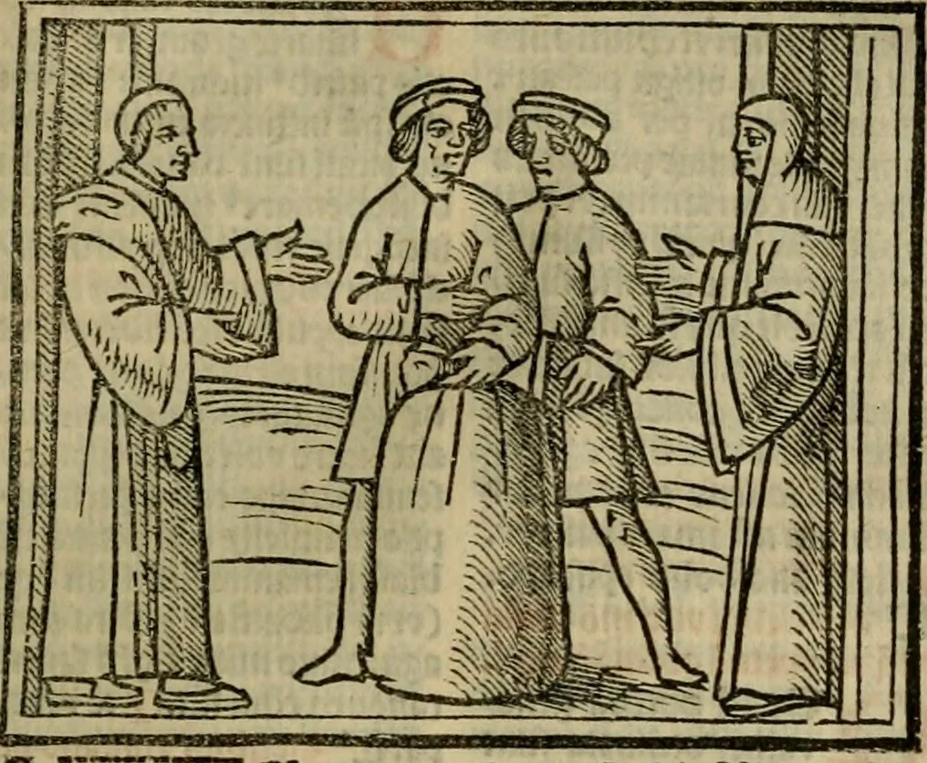 An illustration from Decretu[m] Gratiani : cu glossis dñi Joannis Theutonici prepositi Alberstatensis [et] annotationibus Bartholomei Brixiensis : [cum] diuisionibus Archidiaconi : [cum] Casibus a Bene., cõpositis per Bart. Brixi., correctis [et] pro clariore itellectu pluribus in locis extensis : [cum] concordia ad Bibliam : [cum] tabula marginalium glossularu[m] : [cum tabula] omniu canonu [et] concilio[rum] : [cum] Margarita Decreti : [cum] flosculis totius Decretia domio Joanne diacono compositis : [cum] additione in margine litteraru[m], quo minusculi characteres lineis intercepti, citius legenti appareant, 1514, leaf 1002