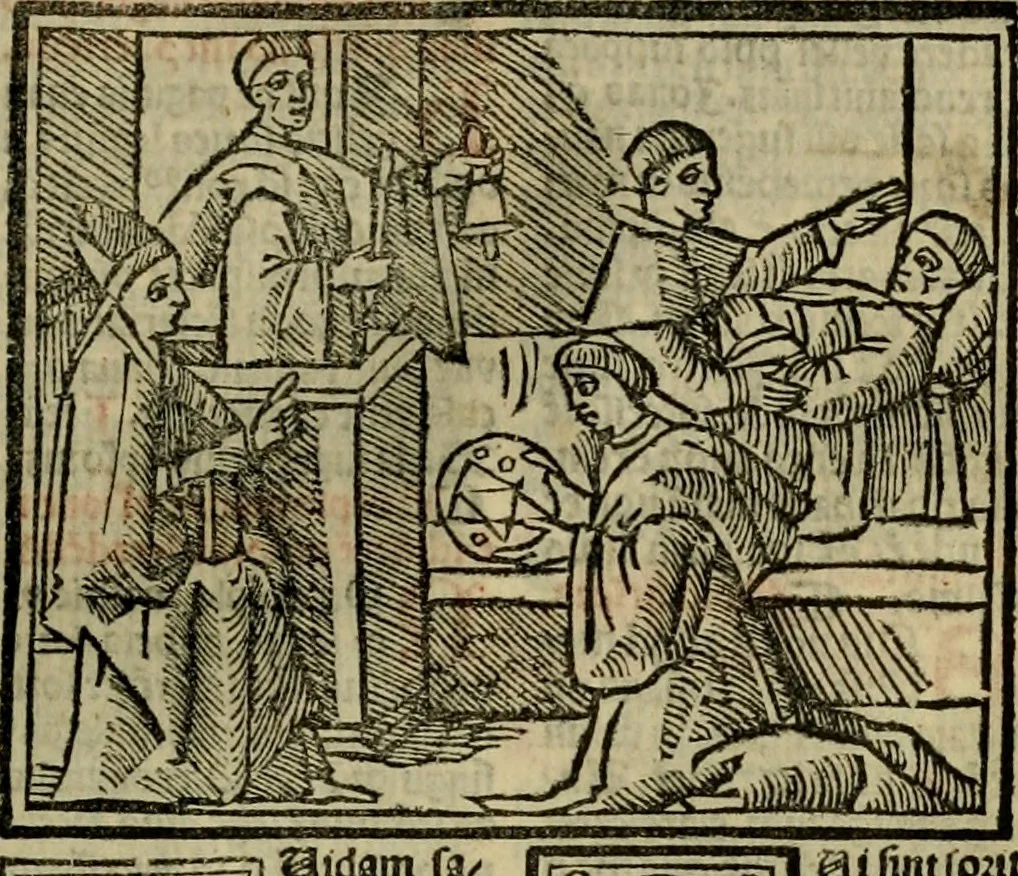 An illustration from Decretu[m] Gratiani : cu glossis dñi Joannis Theutonici prepositi Alberstatensis [et] annotationibus Bartholomei Brixiensis : [cum] diuisionibus Archidiaconi : [cum] Casibus a Bene., cõpositis per Bart. Brixi., correctis [et] pro clariore itellectu pluribus in locis extensis : [cum] concordia ad Bibliam : [cum] tabula marginalium glossularu[m] : [cum tabula] omniu canonu [et] concilio[rum] : [cum] Margarita Decreti : [cum] flosculis totius Decretia domio Joanne diacono compositis : [cum] additione in margine litteraru[m], quo minusculi characteres lineis intercepti, citius legenti appareant, 1514, leaf 1014