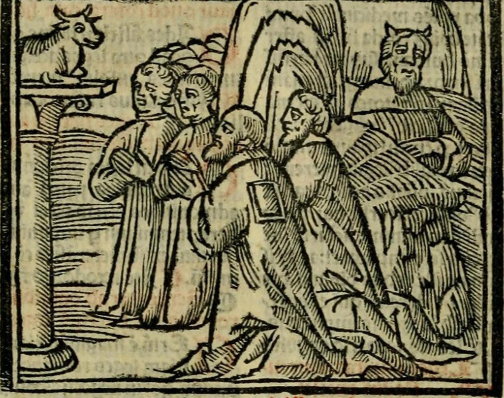 An illustration from Decretu[m] Gratiani : cu glossis dñi Joannis Theutonici prepositi Alberstatensis [et] annotationibus Bartholomei Brixiensis : [cum] diuisionibus Archidiaconi : [cum] Casibus a Bene., cõpositis per Bart. Brixi., correctis [et] pro clariore itellectu pluribus in locis extensis : [cum] concordia ad Bibliam : [cum] tabula marginalium glossularu[m] : [cum tabula] omniu canonu [et] concilio[rum] : [cum] Margarita Decreti : [cum] flosculis totius Decretia domio Joanne diacono compositis : [cum] additione in margine litteraru[m], quo minusculi characteres lineis intercepti, citius legenti appareant, 1514, leaf 103