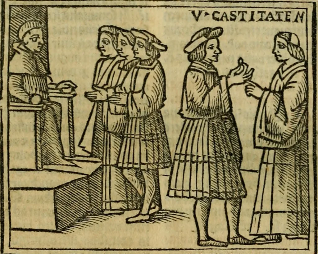 An illustration from Decretu[m] Gratiani : cu glossis dñi Joannis Theutonici prepositi Alberstatensis [et] annotationibus Bartholomei Brixiensis : [cum] diuisionibus Archidiaconi : [cum] Casibus a Bene., cõpositis per Bart. Brixi., correctis [et] pro clariore itellectu pluribus in locis extensis : [cum] concordia ad Bibliam : [cum] tabula marginalium glossularu[m] : [cum tabula] omniu canonu [et] concilio[rum] : [cum] Margarita Decreti : [cum] flosculis totius Decretia domio Joanne diacono compositis : [cum] additione in margine litteraru[m], quo minusculi characteres lineis intercepti, citius legenti appareant, 1514, leaf 1031
