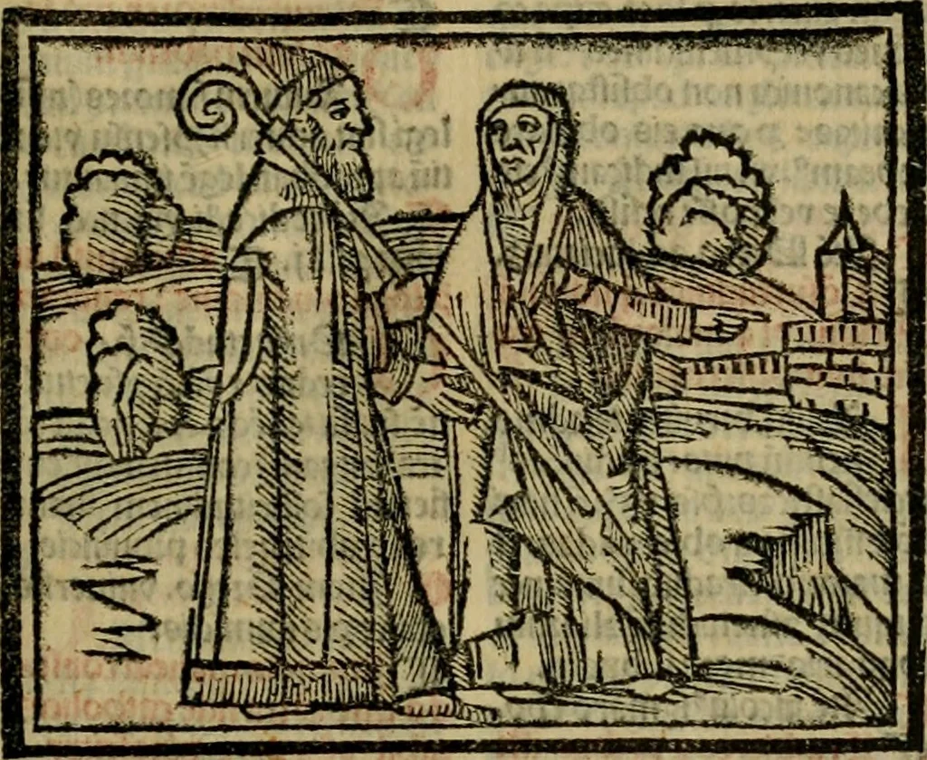 An illustration from Decretu[m] Gratiani : cu glossis dñi Joannis Theutonici prepositi Alberstatensis [et] annotationibus Bartholomei Brixiensis : [cum] diuisionibus Archidiaconi : [cum] Casibus a Bene., cõpositis per Bart. Brixi., correctis [et] pro clariore itellectu pluribus in locis extensis : [cum] concordia ad Bibliam : [cum] tabula marginalium glossularu[m] : [cum tabula] omniu canonu [et] concilio[rum] : [cum] Margarita Decreti : [cum] flosculis totius Decretia domio Joanne diacono compositis : [cum] additione in margine litteraru[m], quo minusculi characteres lineis intercepti, citius legenti appareant, 1514, leaf 106