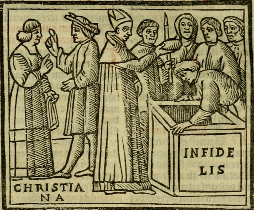 An illustration from Decretu[m] Gratiani : cu glossis dñi Joannis Theutonici prepositi Alberstatensis [et] annotationibus Bartholomei Brixiensis : [cum] diuisionibus Archidiaconi : [cum] Casibus a Bene., cõpositis per Bart. Brixi., correctis [et] pro clariore itellectu pluribus in locis extensis : [cum] concordia ad Bibliam : [cum] tabula marginalium glossularu[m] : [cum tabula] omniu canonu [et] concilio[rum] : [cum] Margarita Decreti : [cum] flosculis totius Decretia domio Joanne diacono compositis : [cum] additione in margine litteraru[m], quo minusculi characteres lineis intercepti, citius legenti appareant, 1514, leaf 1061