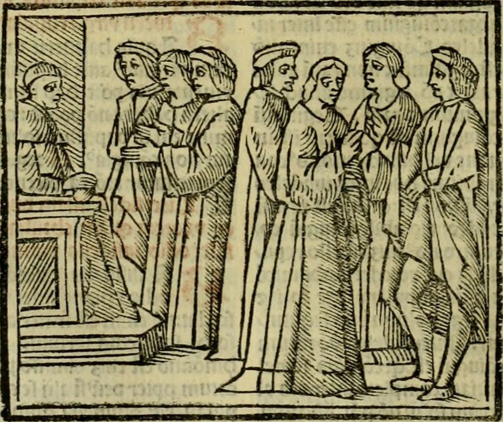 An illustration from Decretu[m] Gratiani : cu glossis dñi Joannis Theutonici prepositi Alberstatensis [et] annotationibus Bartholomei Brixiensis : [cum] diuisionibus Archidiaconi : [cum] Casibus a Bene., cõpositis per Bart. Brixi., correctis [et] pro clariore itellectu pluribus in locis extensis : [cum] concordia ad Bibliam : [cum] tabula marginalium glossularu[m] : [cum tabula] omniu canonu [et] concilio[rum] : [cum] Margarita Decreti : [cum] flosculis totius Decretia domio Joanne diacono compositis : [cum] additione in margine litteraru[m], quo minusculi characteres lineis intercepti, citius legenti appareant, 1514, leaf 1073