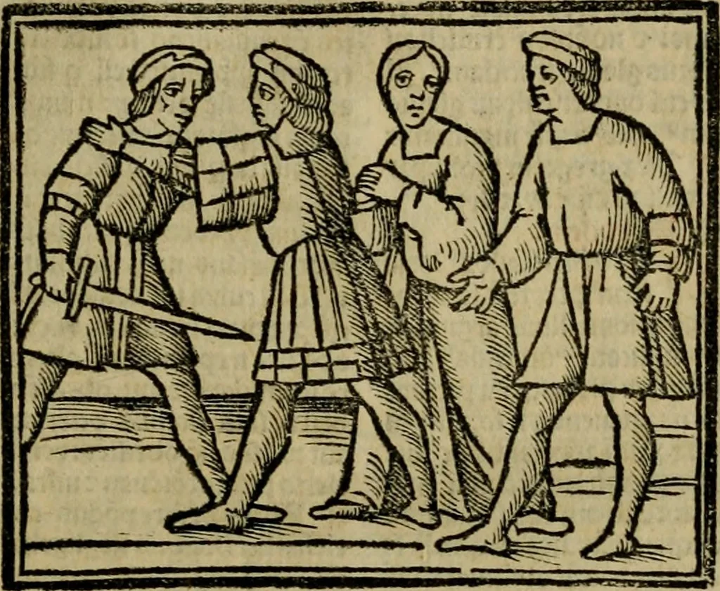 An illustration from Decretu[m] Gratiani : cu glossis dñi Joannis Theutonici prepositi Alberstatensis [et] annotationibus Bartholomei Brixiensis : [cum] diuisionibus Archidiaconi : [cum] Casibus a Bene., cõpositis per Bart. Brixi., correctis [et] pro clariore itellectu pluribus in locis extensis : [cum] concordia ad Bibliam : [cum] tabula marginalium glossularu[m] : [cum tabula] omniu canonu [et] concilio[rum] : [cum] Margarita Decreti : [cum] flosculis totius Decretia domio Joanne diacono compositis : [cum] additione in margine litteraru[m], quo minusculi characteres lineis intercepti, citius legenti appareant, 1514, leaf 110