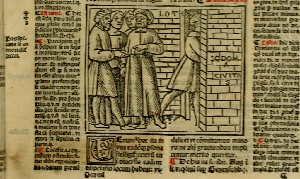 An illustration from Decretu[m] Gratiani : cu glossis dñi Joannis Theutonici prepositi Alberstatensis [et] annotationibus Bartholomei Brixiensis : [cum] diuisionibus Archidiaconi : [cum] Casibus a Bene., cõpositis per Bart. Brixi., correctis [et] pro clariore itellectu pluribus in locis extensis : [cum] concordia ad Bibliam : [cum] tabula marginalium glossularu[m] : [cum tabula] omniu canonu [et] concilio[rum] : [cum] Margarita Decreti : [cum] flosculis totius Decretia domio Joanne diacono compositis : [cum] additione in margine litteraru[m], quo minusculi characteres lineis intercepti, citius legenti appareant, 1514, leaf 112