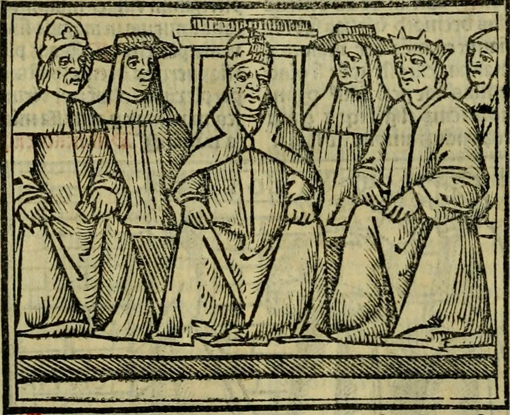 An illustration from Decretu[m] Gratiani : cu glossis dñi Joannis Theutonici prepositi Alberstatensis [et] annotationibus Bartholomei Brixiensis : [cum] diuisionibus Archidiaconi : [cum] Casibus a Bene., cõpositis per Bart. Brixi., correctis [et] pro clariore itellectu pluribus in locis extensis : [cum] concordia ad Bibliam : [cum] tabula marginalium glossularu[m] : [cum tabula] omniu canonu [et] concilio[rum] : [cum] Margarita Decreti : [cum] flosculis totius Decretia domio Joanne diacono compositis : [cum] additione in margine litteraru[m], quo minusculi characteres lineis intercepti, citius legenti appareant, 1514, leaf 113
