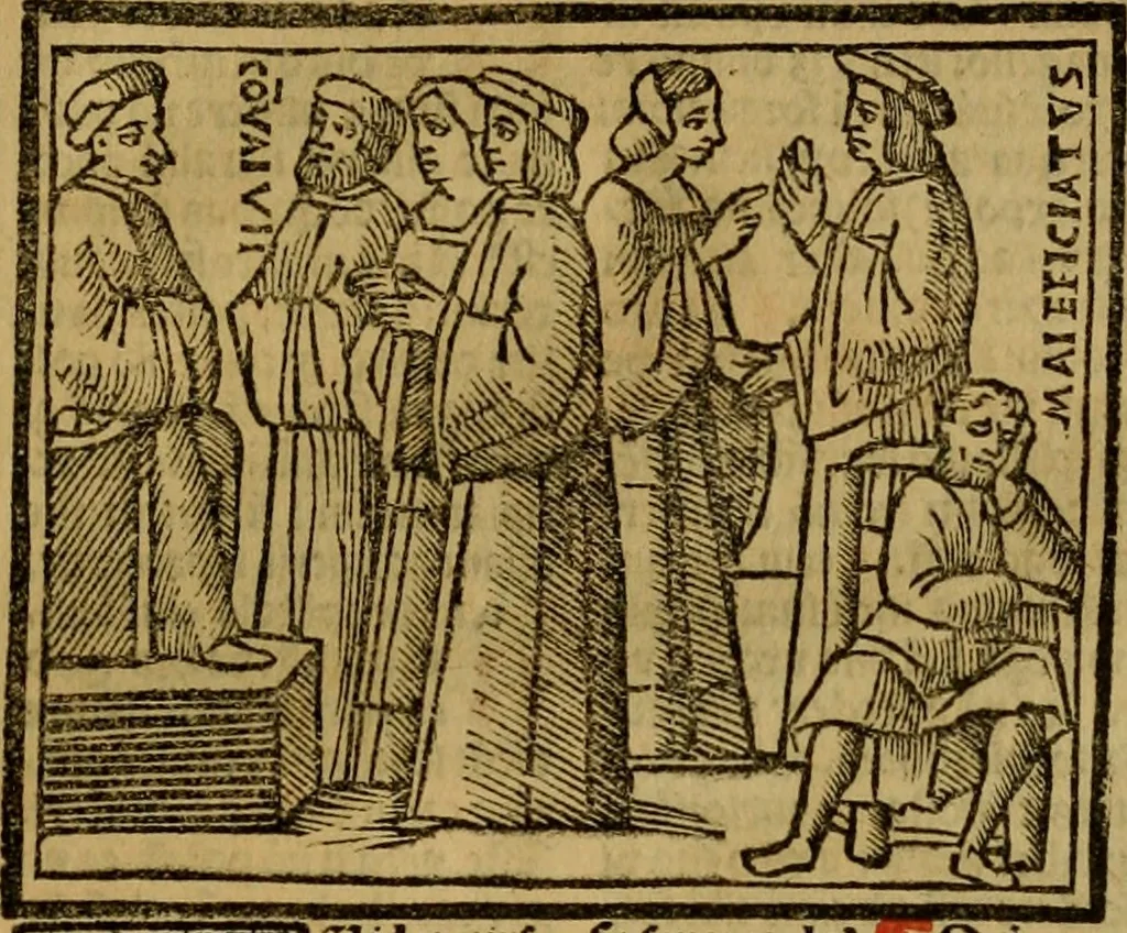 An illustration from Decretu[m] Gratiani : cu glossis dñi Joannis Theutonici prepositi Alberstatensis [et] annotationibus Bartholomei Brixiensis : [cum] diuisionibus Archidiaconi : [cum] Casibus a Bene., cõpositis per Bart. Brixi., correctis [et] pro clariore itellectu pluribus in locis extensis : [cum] concordia ad Bibliam : [cum] tabula marginalium glossularu[m] : [cum tabula] omniu canonu [et] concilio[rum] : [cum] Margarita Decreti : [cum] flosculis totius Decretia domio Joanne diacono compositis : [cum] additione in margine litteraru[m], quo minusculi characteres lineis intercepti, citius legenti appareant, 1514, leaf 1134