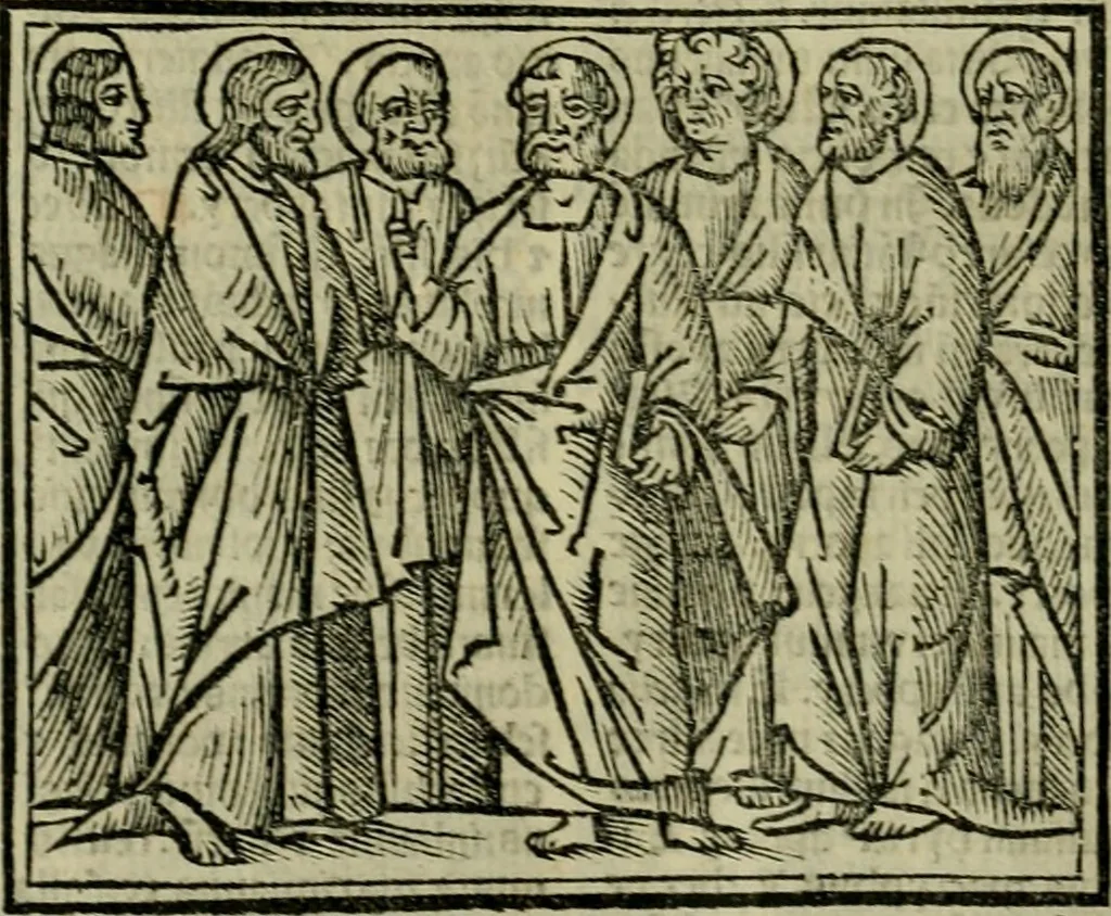 An illustration from Decretu[m] Gratiani : cu glossis dñi Joannis Theutonici prepositi Alberstatensis [et] annotationibus Bartholomei Brixiensis : [cum] diuisionibus Archidiaconi : [cum] Casibus a Bene., cõpositis per Bart. Brixi., correctis [et] pro clariore itellectu pluribus in locis extensis : [cum] concordia ad Bibliam : [cum] tabula marginalium glossularu[m] : [cum tabula] omniu canonu [et] concilio[rum] : [cum] Margarita Decreti : [cum] flosculis totius Decretia domio Joanne diacono compositis : [cum] additione in margine litteraru[m], quo minusculi characteres lineis intercepti, citius legenti appareant, 1514, leaf 117