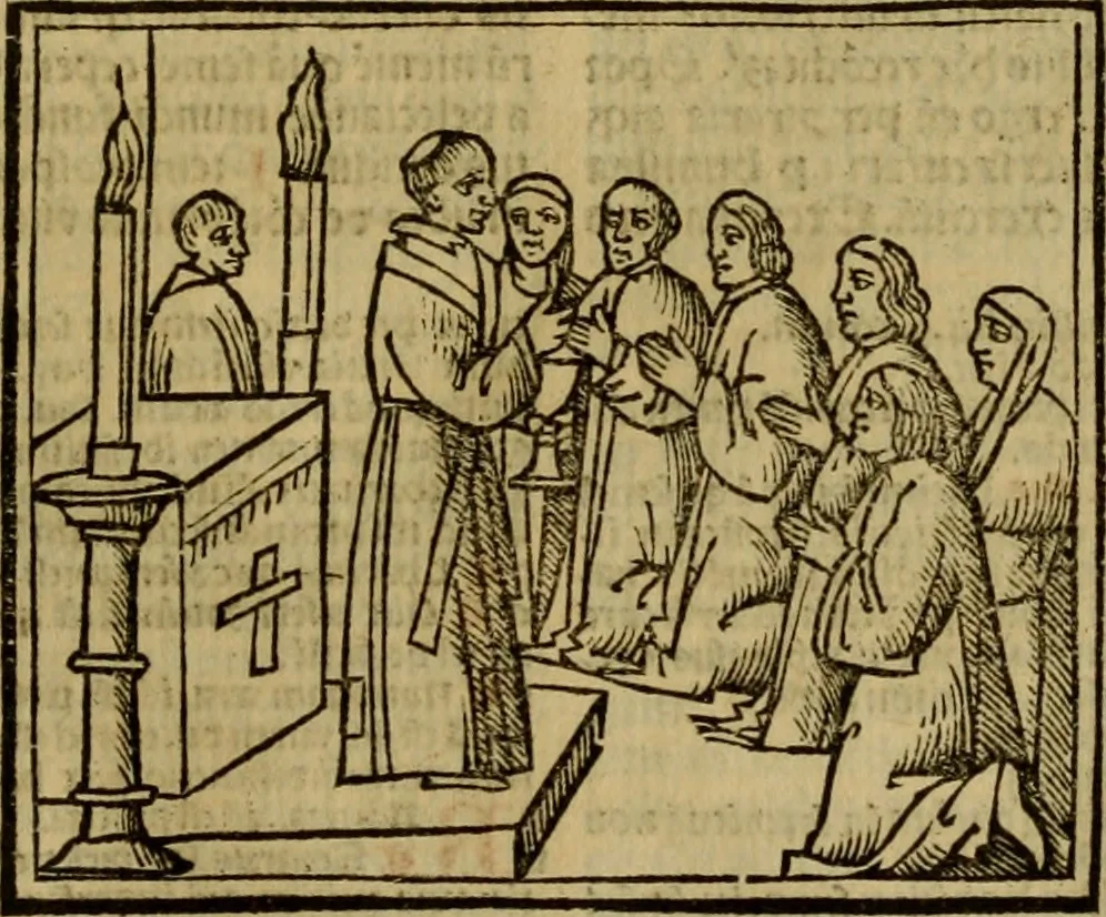 An illustration from Decretu[m] Gratiani : cu glossis dñi Joannis Theutonici prepositi Alberstatensis [et] annotationibus Bartholomei Brixiensis : [cum] diuisionibus Archidiaconi : [cum] Casibus a Bene., cõpositis per Bart. Brixi., correctis [et] pro clariore itellectu pluribus in locis extensis : [cum] concordia ad Bibliam : [cum] tabula marginalium glossularu[m] : [cum tabula] omniu canonu [et] concilio[rum] : [cum] Margarita Decreti : [cum] flosculis totius Decretia domio Joanne diacono compositis : [cum] additione in margine litteraru[m], quo minusculi characteres lineis intercepti, citius legenti appareant, 1514, leaf 1180