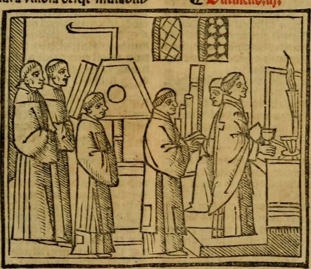 An illustration from Decretu[m] Gratiani : cu glossis dñi Joannis Theutonici prepositi Alberstatensis [et] annotationibus Bartholomei Brixiensis : [cum] diuisionibus Archidiaconi : [cum] Casibus a Bene., cõpositis per Bart. Brixi., correctis [et] pro clariore itellectu pluribus in locis extensis : [cum] concordia ad Bibliam : [cum] tabula marginalium glossularu[m] : [cum tabula] omniu canonu [et] concilio[rum] : [cum] Margarita Decreti : [cum] flosculis totius Decretia domio Joanne diacono compositis : [cum] additione in margine litteraru[m], quo minusculi characteres lineis intercepti, citius legenti appareant, 1514, leaf 1202