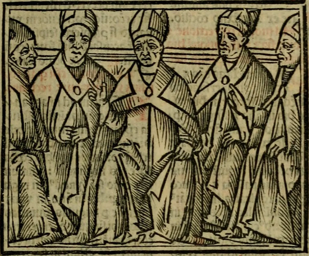 An illustration from Decretu[m] Gratiani : cu glossis dñi Joannis Theutonici prepositi Alberstatensis [et] annotationibus Bartholomei Brixiensis : [cum] diuisionibus Archidiaconi : [cum] Casibus a Bene., cõpositis per Bart. Brixi., correctis [et] pro clariore itellectu pluribus in locis extensis : [cum] concordia ad Bibliam : [cum] tabula marginalium glossularu[m] : [cum tabula] omniu canonu [et] concilio[rum] : [cum] Margarita Decreti : [cum] flosculis totius Decretia domio Joanne diacono compositis : [cum] additione in margine litteraru[m], quo minusculi characteres lineis intercepti, citius legenti appareant, 1514, leaf 124