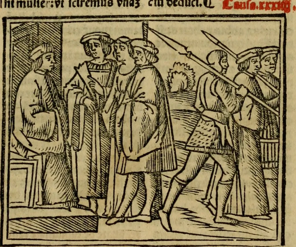 An illustration from Decretu[m] Gratiani : cu glossis dñi Joannis Theutonici prepositi Alberstatensis [et] annotationibus Bartholomei Brixiensis : [cum] diuisionibus Archidiaconi : [cum] Casibus a Bene., cõpositis per Bart. Brixi., correctis [et] pro clariore itellectu pluribus in locis extensis : [cum] concordia ad Bibliam : [cum] tabula marginalium glossularu[m] : [cum tabula] omniu canonu [et] concilio[rum] : [cum] Margarita Decreti : [cum] flosculis totius Decretia domio Joanne diacono compositis : [cum] additione in margine litteraru[m], quo minusculi characteres lineis intercepti, citius legenti appareant, 1514, leaf 1250