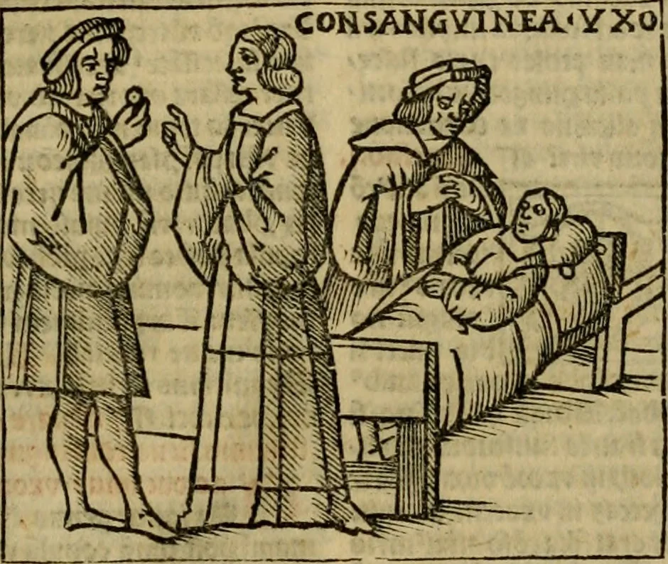 An illustration from Decretu[m] Gratiani : cu glossis dñi Joannis Theutonici prepositi Alberstatensis [et] annotationibus Bartholomei Brixiensis : [cum] diuisionibus Archidiaconi : [cum] Casibus a Bene., cõpositis per Bart. Brixi., correctis [et] pro clariore itellectu pluribus in locis extensis : [cum] concordia ad Bibliam : [cum] tabula marginalium glossularu[m] : [cum tabula] omniu canonu [et] concilio[rum] : [cum] Margarita Decreti : [cum] flosculis totius Decretia domio Joanne diacono compositis : [cum] additione in margine litteraru[m], quo minusculi characteres lineis intercepti, citius legenti appareant, 1514, leaf 1254