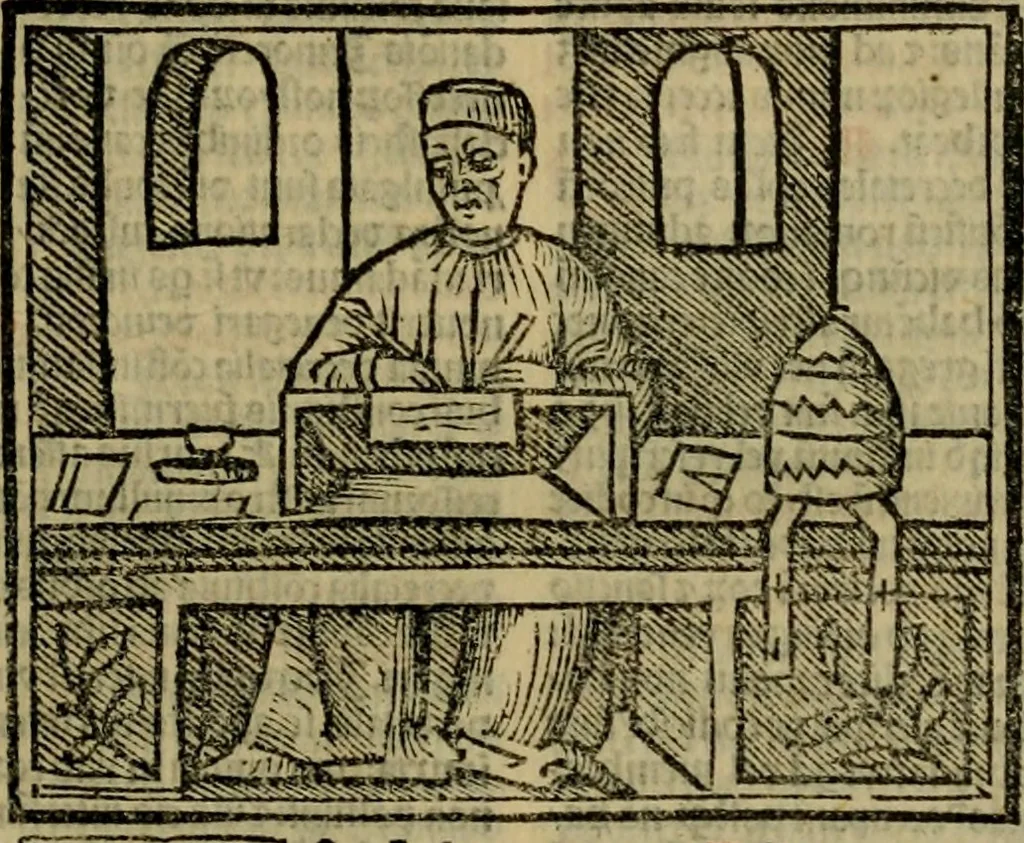 An illustration from Decretu[m] Gratiani : cu glossis dñi Joannis Theutonici prepositi Alberstatensis [et] annotationibus Bartholomei Brixiensis : [cum] diuisionibus Archidiaconi : [cum] Casibus a Bene., cõpositis per Bart. Brixi., correctis [et] pro clariore itellectu pluribus in locis extensis : [cum] concordia ad Bibliam : [cum] tabula marginalium glossularu[m] : [cum tabula] omniu canonu [et] concilio[rum] : [cum] Margarita Decreti : [cum] flosculis totius Decretia domio Joanne diacono compositis : [cum] additione in margine litteraru[m], quo minusculi characteres lineis intercepti, citius legenti appareant, 1514, leaf 128