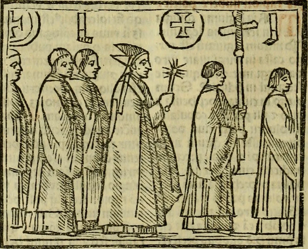 An illustration from Decretu[m] Gratiani : cu glossis dñi Joannis Theutonici prepositi Alberstatensis [et] annotationibus Bartholomei Brixiensis : [cum] diuisionibus Archidiaconi : [cum] Casibus a Bene., cõpositis per Bart. Brixi., correctis [et] pro clariore itellectu pluribus in locis extensis : [cum] concordia ad Bibliam : [cum] tabula marginalium glossularu[m] : [cum tabula] omniu canonu [et] concilio[rum] : [cum] Margarita Decreti : [cum] flosculis totius Decretia domio Joanne diacono compositis : [cum] additione in margine litteraru[m], quo minusculi characteres lineis intercepti, citius legenti appareant, 1514, leaf 1285