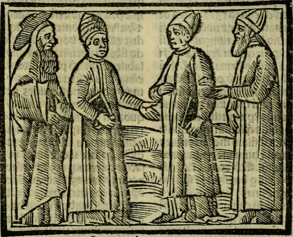 An illustration from Decretu[m] Gratiani : cu glossis dñi Joannis Theutonici prepositi Alberstatensis [et] annotationibus Bartholomei Brixiensis : [cum] diuisionibus Archidiaconi : [cum] Casibus a Bene., cõpositis per Bart. Brixi., correctis [et] pro clariore itellectu pluribus in locis extensis : [cum] concordia ad Bibliam : [cum] tabula marginalium glossularu[m] : [cum tabula] omniu canonu [et] concilio[rum] : [cum] Margarita Decreti : [cum] flosculis totius Decretia domio Joanne diacono compositis : [cum] additione in margine litteraru[m], quo minusculi characteres lineis intercepti, citius legenti appareant, 1514, leaf 133