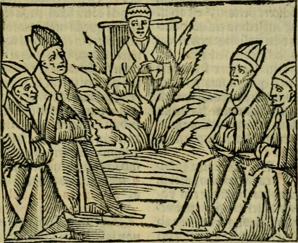 An illustration from Decretu[m] Gratiani : cu glossis dñi Joannis Theutonici prepositi Alberstatensis [et] annotationibus Bartholomei Brixiensis : [cum] diuisionibus Archidiaconi : [cum] Casibus a Bene., cõpositis per Bart. Brixi., correctis [et] pro clariore itellectu pluribus in locis extensis : [cum] concordia ad Bibliam : [cum] tabula marginalium glossularu[m] : [cum tabula] omniu canonu [et] concilio[rum] : [cum] Margarita Decreti : [cum] flosculis totius Decretia domio Joanne diacono compositis : [cum] additione in margine litteraru[m], quo minusculi characteres lineis intercepti, citius legenti appareant, 1514, leaf 141