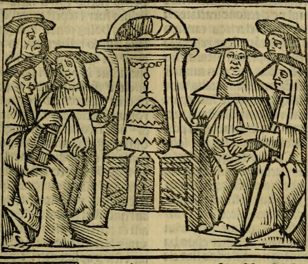 An illustration from Decretu[m] Gratiani : cu glossis dñi Joannis Theutonici prepositi Alberstatensis [et] annotationibus Bartholomei Brixiensis : [cum] diuisionibus Archidiaconi : [cum] Casibus a Bene., cõpositis per Bart. Brixi., correctis [et] pro clariore itellectu pluribus in locis extensis : [cum] concordia ad Bibliam : [cum] tabula marginalium glossularu[m] : [cum tabula] omniu canonu [et] concilio[rum] : [cum] Margarita Decreti : [cum] flosculis totius Decretia domio Joanne diacono compositis : [cum] additione in margine litteraru[m], quo minusculi characteres lineis intercepti, citius legenti appareant, 1514, leaf 144