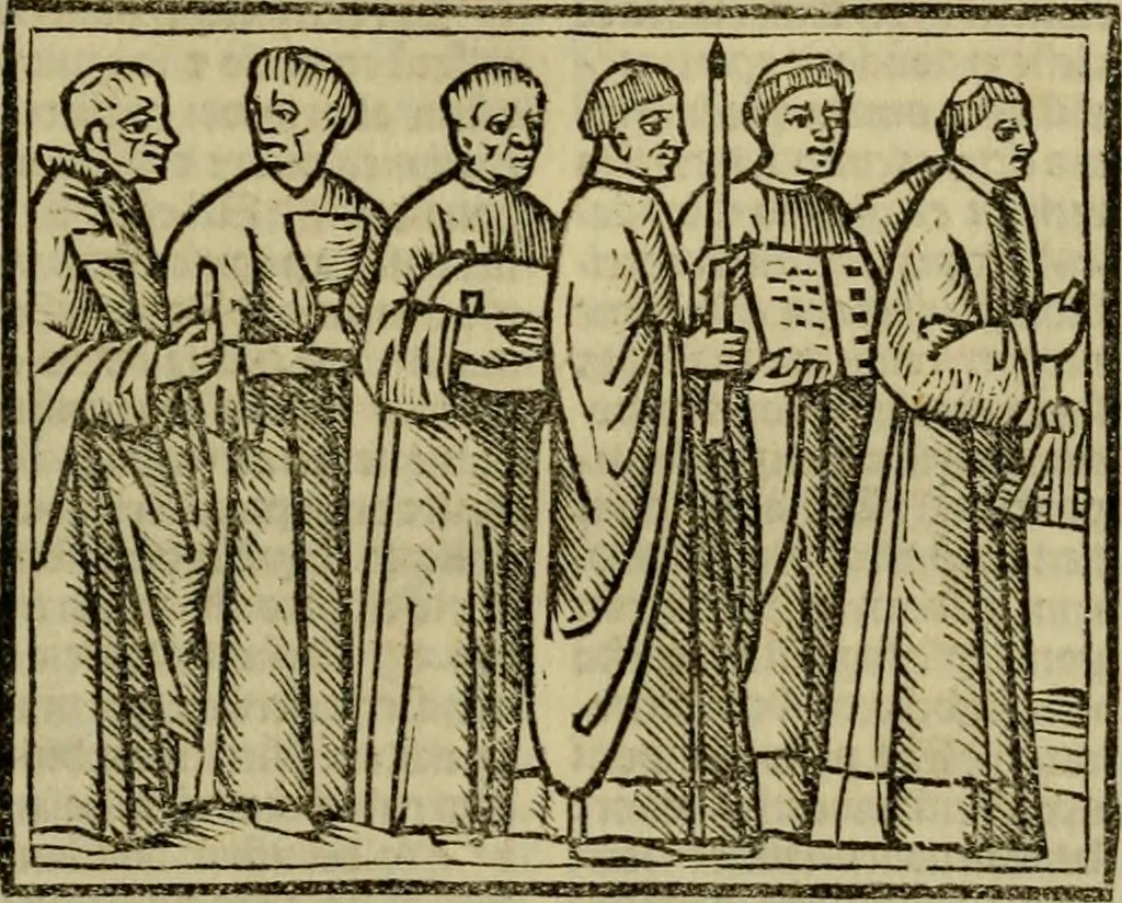 An illustration from Decretu[m] Gratiani : cu glossis dñi Joannis Theutonici prepositi Alberstatensis [et] annotationibus Bartholomei Brixiensis : [cum] diuisionibus Archidiaconi : [cum] Casibus a Bene., cõpositis per Bart. Brixi., correctis [et] pro clariore itellectu pluribus in locis extensis : [cum] concordia ad Bibliam : [cum] tabula marginalium glossularu[m] : [cum tabula] omniu canonu [et] concilio[rum] : [cum] Margarita Decreti : [cum] flosculis totius Decretia domio Joanne diacono compositis : [cum] additione in margine litteraru[m], quo minusculi characteres lineis intercepti, citius legenti appareant, 1514, leaf 154