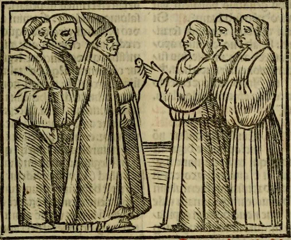 An illustration from Decretu[m] Gratiani : cu glossis dñi Joannis Theutonici prepositi Alberstatensis [et] annotationibus Bartholomei Brixiensis : [cum] diuisionibus Archidiaconi : [cum] Casibus a Bene., cõpositis per Bart. Brixi., correctis [et] pro clariore itellectu pluribus in locis extensis : [cum] concordia ad Bibliam : [cum] tabula marginalium glossularu[m] : [cum tabula] omniu canonu [et] concilio[rum] : [cum] Margarita Decreti : [cum] flosculis totius Decretia domio Joanne diacono compositis : [cum] additione in margine litteraru[m], quo minusculi characteres lineis intercepti, citius legenti appareant, 1514, leaf 160