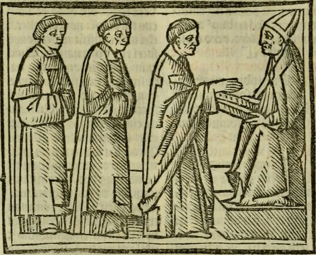 An illustration from Decretu[m] Gratiani : cu glossis dñi Joannis Theutonici prepositi Alberstatensis [et] annotationibus Bartholomei Brixiensis : [cum] diuisionibus Archidiaconi : [cum] Casibus a Bene., cõpositis per Bart. Brixi., correctis [et] pro clariore itellectu pluribus in locis extensis : [cum] concordia ad Bibliam : [cum] tabula marginalium glossularu[m] : [cum tabula] omniu canonu [et] concilio[rum] : [cum] Margarita Decreti : [cum] flosculis totius Decretia domio Joanne diacono compositis : [cum] additione in margine litteraru[m], quo minusculi characteres lineis intercepti, citius legenti appareant, 1514, leaf 165