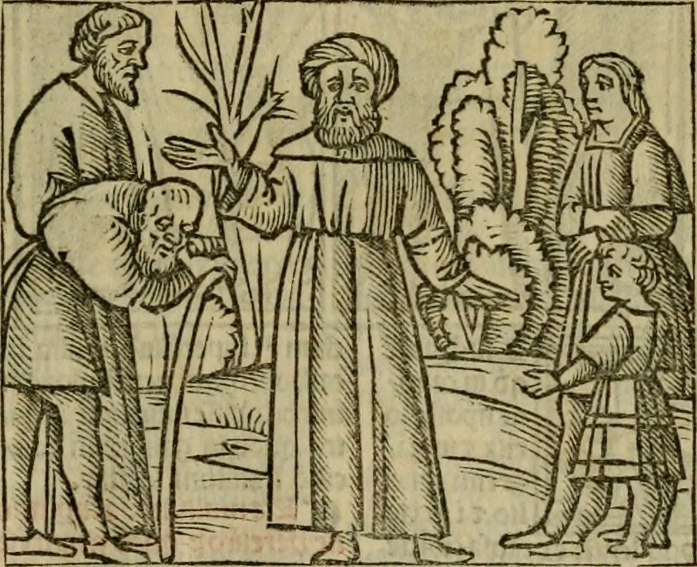 An illustration from Decretu[m] Gratiani : cu glossis dñi Joannis Theutonici prepositi Alberstatensis [et] annotationibus Bartholomei Brixiensis : [cum] diuisionibus Archidiaconi : [cum] Casibus a Bene., cõpositis per Bart. Brixi., correctis [et] pro clariore itellectu pluribus in locis extensis : [cum] concordia ad Bibliam : [cum] tabula marginalium glossularu[m] : [cum tabula] omniu canonu [et] concilio[rum] : [cum] Margarita Decreti : [cum] flosculis totius Decretia domio Joanne diacono compositis : [cum] additione in margine litteraru[m], quo minusculi characteres lineis intercepti, citius legenti appareant, 1514, leaf 170