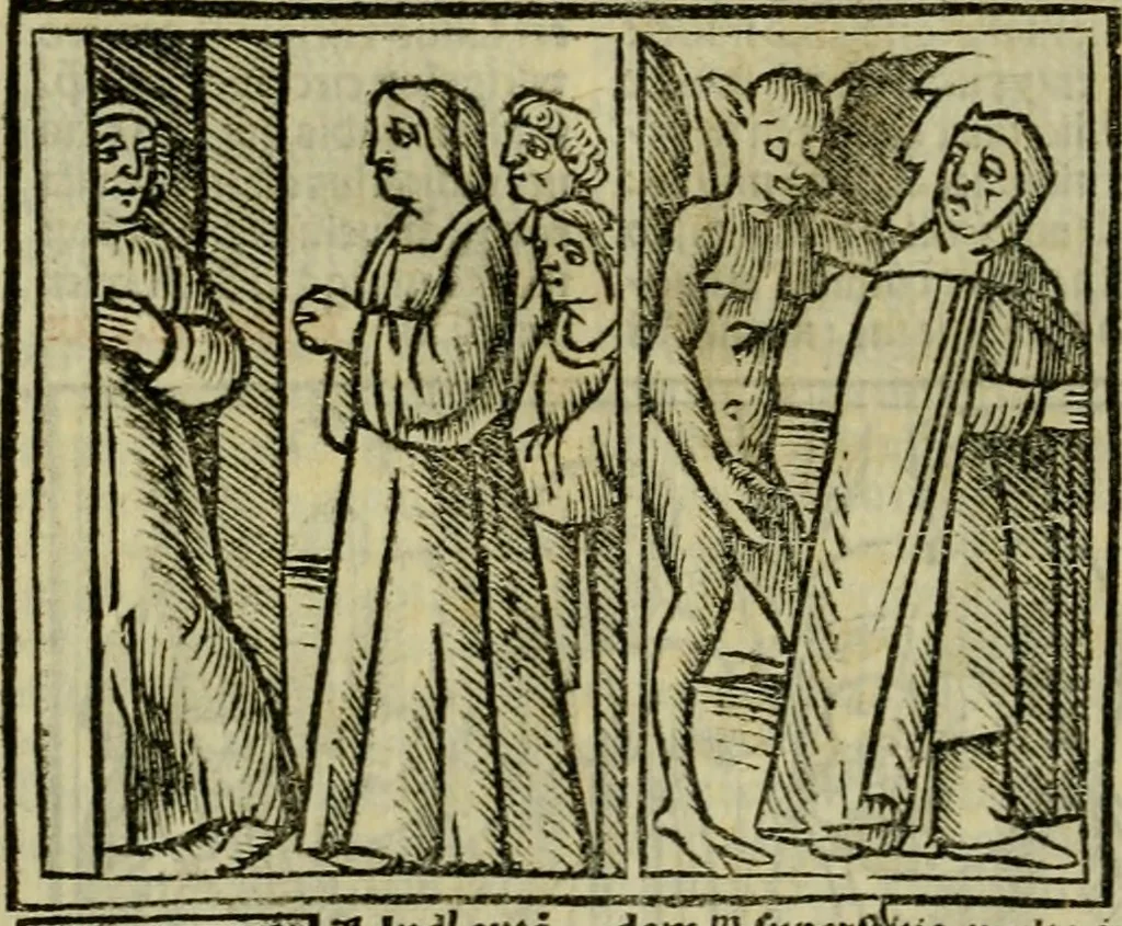 An illustration from Decretu[m] Gratiani : cu glossis dñi Joannis Theutonici prepositi Alberstatensis [et] annotationibus Bartholomei Brixiensis : [cum] diuisionibus Archidiaconi : [cum] Casibus a Bene., cõpositis per Bart. Brixi., correctis [et] pro clariore itellectu pluribus in locis extensis : [cum] concordia ad Bibliam : [cum] tabula marginalium glossularu[m] : [cum tabula] omniu canonu [et] concilio[rum] : [cum] Margarita Decreti : [cum] flosculis totius Decretia domio Joanne diacono compositis : [cum] additione in margine litteraru[m], quo minusculi characteres lineis intercepti, citius legenti appareant, 1514, leaf 171