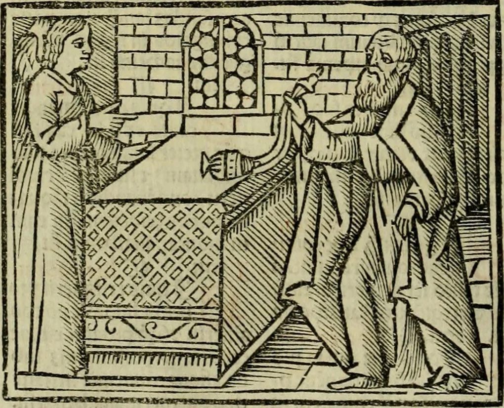 An illustration from Decretu[m] Gratiani : cu glossis dñi Joannis Theutonici prepositi Alberstatensis [et] annotationibus Bartholomei Brixiensis : [cum] diuisionibus Archidiaconi : [cum] Casibus a Bene., cõpositis per Bart. Brixi., correctis [et] pro clariore itellectu pluribus in locis extensis : [cum] concordia ad Bibliam : [cum] tabula marginalium glossularu[m] : [cum tabula] omniu canonu [et] concilio[rum] : [cum] Margarita Decreti : [cum] flosculis totius Decretia domio Joanne diacono compositis : [cum] additione in margine litteraru[m], quo minusculi characteres lineis intercepti, citius legenti appareant, 1514, leaf 173