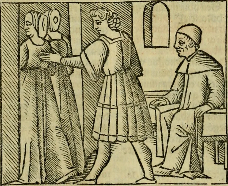 An illustration from Decretu[m] Gratiani : cu glossis dñi Joannis Theutonici prepositi Alberstatensis [et] annotationibus Bartholomei Brixiensis : [cum] diuisionibus Archidiaconi : [cum] Casibus a Bene., cõpositis per Bart. Brixi., correctis [et] pro clariore itellectu pluribus in locis extensis : [cum] concordia ad Bibliam : [cum] tabula marginalium glossularu[m] : [cum tabula] omniu canonu [et] concilio[rum] : [cum] Margarita Decreti : [cum] flosculis totius Decretia domio Joanne diacono compositis : [cum] additione in margine litteraru[m], quo minusculi characteres lineis intercepti, citius legenti appareant, 1514, leaf 177
