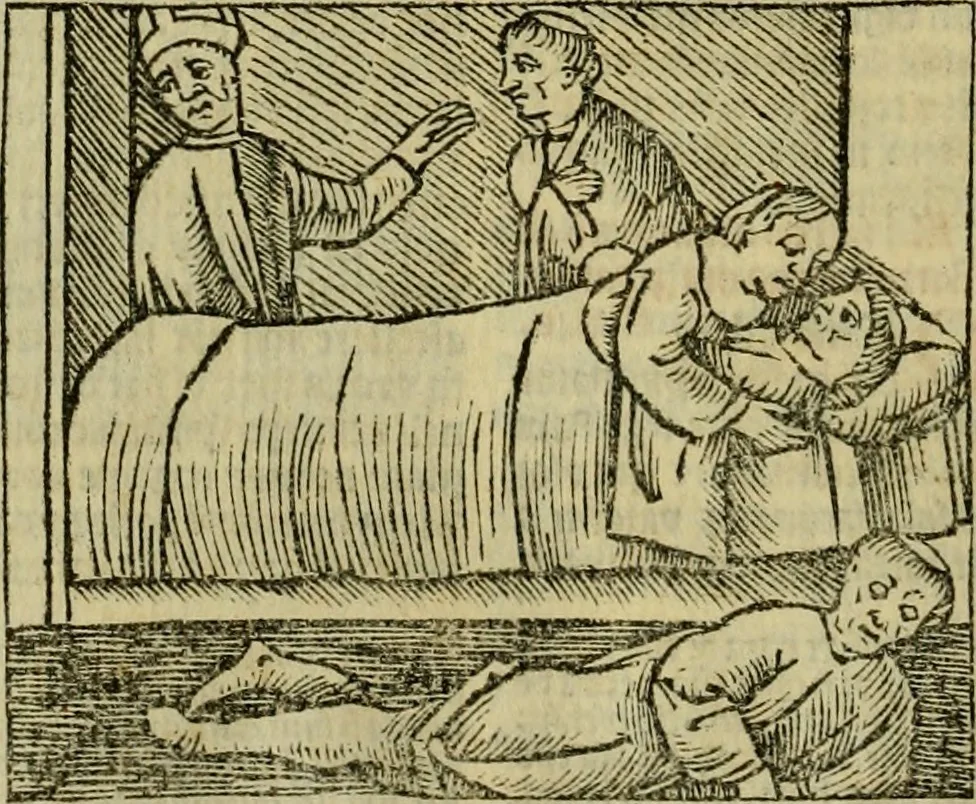 An illustration from Decretu[m] Gratiani : cu glossis dñi Joannis Theutonici prepositi Alberstatensis [et] annotationibus Bartholomei Brixiensis : [cum] diuisionibus Archidiaconi : [cum] Casibus a Bene., cõpositis per Bart. Brixi., correctis [et] pro clariore itellectu pluribus in locis extensis : [cum] concordia ad Bibliam : [cum] tabula marginalium glossularu[m] : [cum tabula] omniu canonu [et] concilio[rum] : [cum] Margarita Decreti : [cum] flosculis totius Decretia domio Joanne diacono compositis : [cum] additione in margine litteraru[m], quo minusculi characteres lineis intercepti, citius legenti appareant, 1514, leaf 183