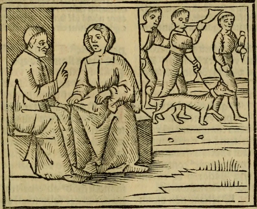 An illustration from Decretu[m] Gratiani : cu glossis dñi Joannis Theutonici prepositi Alberstatensis [et] annotationibus Bartholomei Brixiensis : [cum] diuisionibus Archidiaconi : [cum] Casibus a Bene., cõpositis per Bart. Brixi., correctis [et] pro clariore itellectu pluribus in locis extensis : [cum] concordia ad Bibliam : [cum] tabula marginalium glossularu[m] : [cum tabula] omniu canonu [et] concilio[rum] : [cum] Margarita Decreti : [cum] flosculis totius Decretia domio Joanne diacono compositis : [cum] additione in margine litteraru[m], quo minusculi characteres lineis intercepti, citius legenti appareant, 1514, leaf 186