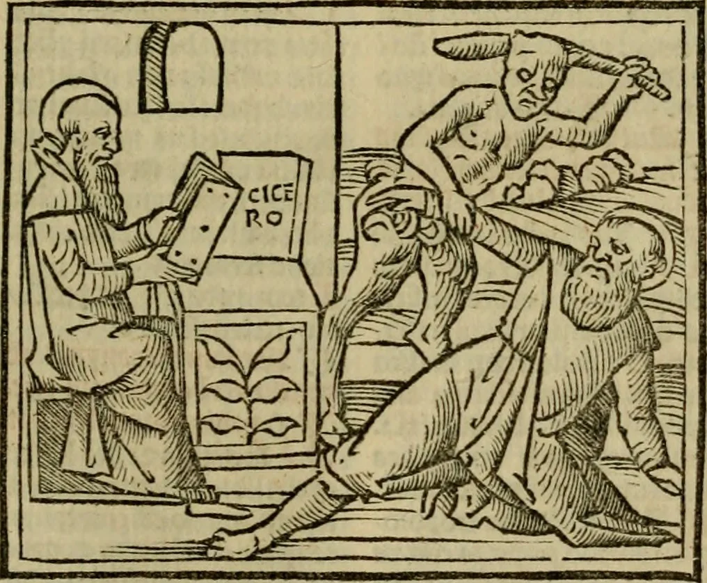 An illustration from Decretu[m] Gratiani : cu glossis dñi Joannis Theutonici prepositi Alberstatensis [et] annotationibus Bartholomei Brixiensis : [cum] diuisionibus Archidiaconi : [cum] Casibus a Bene., cõpositis per Bart. Brixi., correctis [et] pro clariore itellectu pluribus in locis extensis : [cum] concordia ad Bibliam : [cum] tabula marginalium glossularu[m] : [cum tabula] omniu canonu [et] concilio[rum] : [cum] Margarita Decreti : [cum] flosculis totius Decretia domio Joanne diacono compositis : [cum] additione in margine litteraru[m], quo minusculi characteres lineis intercepti, citius legenti appareant, 1514, leaf 194