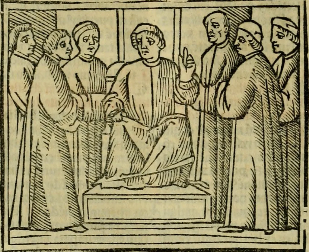 An illustration from Decretu[m] Gratiani : cu glossis dñi Joannis Theutonici prepositi Alberstatensis [et] annotationibus Bartholomei Brixiensis : [cum] diuisionibus Archidiaconi : [cum] Casibus a Bene., cõpositis per Bart. Brixi., correctis [et] pro clariore itellectu pluribus in locis extensis : [cum] concordia ad Bibliam : [cum] tabula marginalium glossularu[m] : [cum tabula] omniu canonu [et] concilio[rum] : [cum] Margarita Decreti : [cum] flosculis totius Decretia domio Joanne diacono compositis : [cum] additione in margine litteraru[m], quo minusculi characteres lineis intercepti, citius legenti appareant, 1514, leaf 199