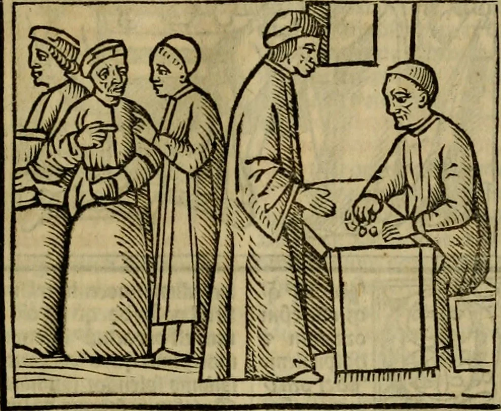 An illustration from Decretu[m] Gratiani : cu glossis dñi Joannis Theutonici prepositi Alberstatensis [et] annotationibus Bartholomei Brixiensis : [cum] diuisionibus Archidiaconi : [cum] Casibus a Bene., cõpositis per Bart. Brixi., correctis [et] pro clariore itellectu pluribus in locis extensis : [cum] concordia ad Bibliam : [cum] tabula marginalium glossularu[m] : [cum tabula] omniu canonu [et] concilio[rum] : [cum] Margarita Decreti : [cum] flosculis totius Decretia domio Joanne diacono compositis : [cum] additione in margine litteraru[m], quo minusculi characteres lineis intercepti, citius legenti appareant, 1514, leaf 202