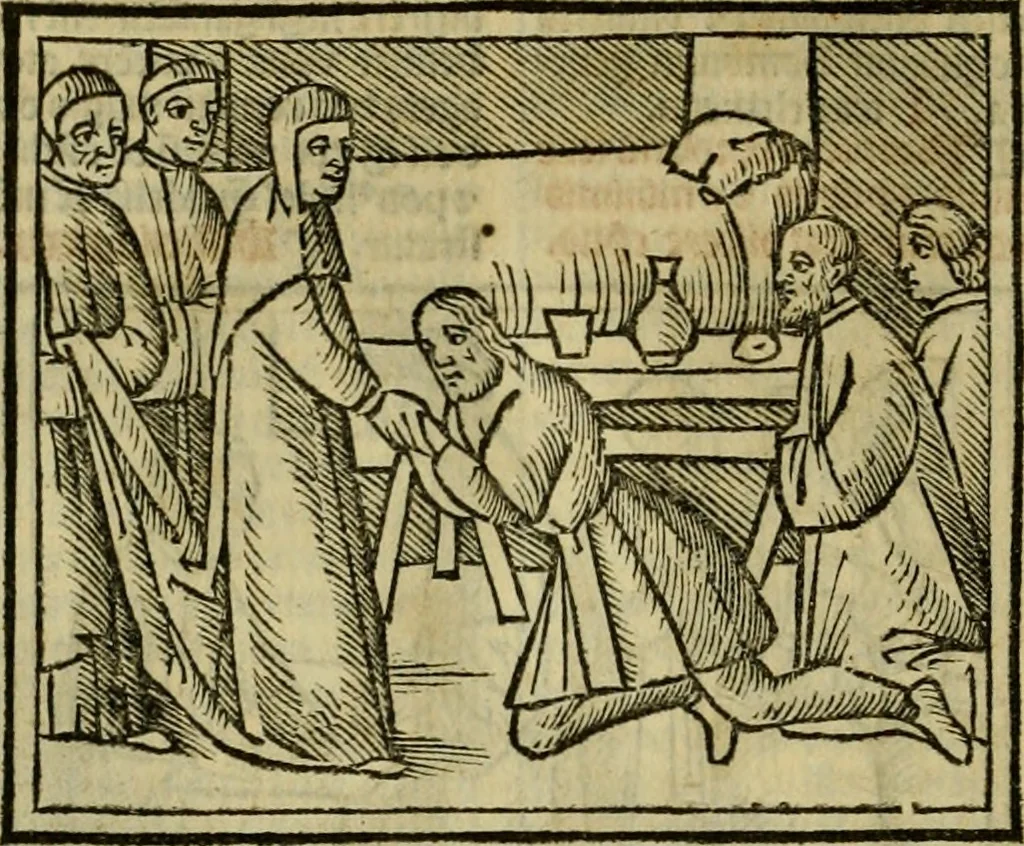 An illustration from Decretu[m] Gratiani : cu glossis dñi Joannis Theutonici prepositi Alberstatensis [et] annotationibus Bartholomei Brixiensis : [cum] diuisionibus Archidiaconi : [cum] Casibus a Bene., cõpositis per Bart. Brixi., correctis [et] pro clariore itellectu pluribus in locis extensis : [cum] concordia ad Bibliam : [cum] tabula marginalium glossularu[m] : [cum tabula] omniu canonu [et] concilio[rum] : [cum] Margarita Decreti : [cum] flosculis totius Decretia domio Joanne diacono compositis : [cum] additione in margine litteraru[m], quo minusculi characteres lineis intercepti, citius legenti appareant, 1514, leaf 203