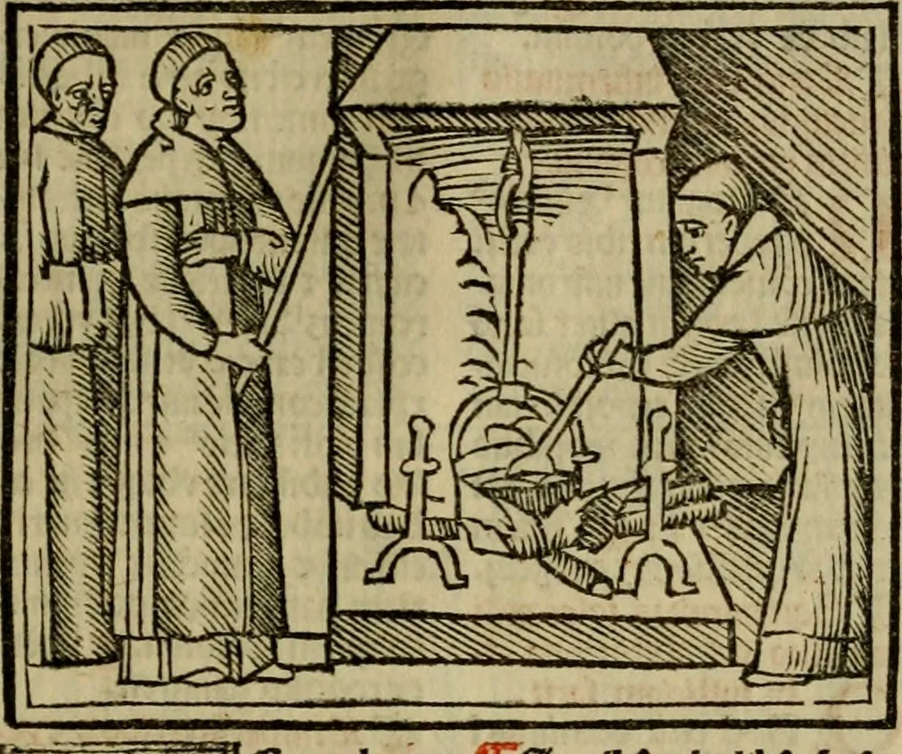 An illustration from Decretu[m] Gratiani : cu glossis dñi Joannis Theutonici prepositi Alberstatensis [et] annotationibus Bartholomei Brixiensis : [cum] diuisionibus Archidiaconi : [cum] Casibus a Bene., cõpositis per Bart. Brixi., correctis [et] pro clariore itellectu pluribus in locis extensis : [cum] concordia ad Bibliam : [cum] tabula marginalium glossularu[m] : [cum tabula] omniu canonu [et] concilio[rum] : [cum] Margarita Decreti : [cum] flosculis totius Decretia domio Joanne diacono compositis : [cum] additione in margine litteraru[m], quo minusculi characteres lineis intercepti, citius legenti appareant, 1514, leaf 206
